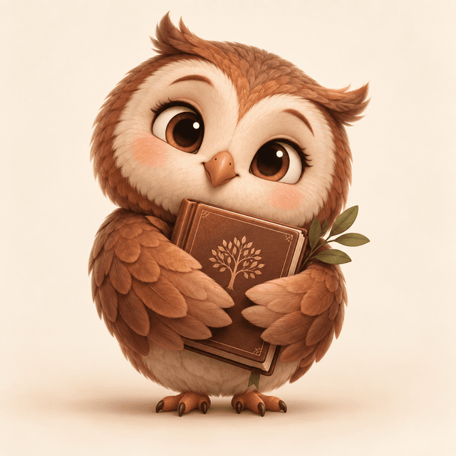 Mascote do Deixa Contado, uma coruja lendo um livro